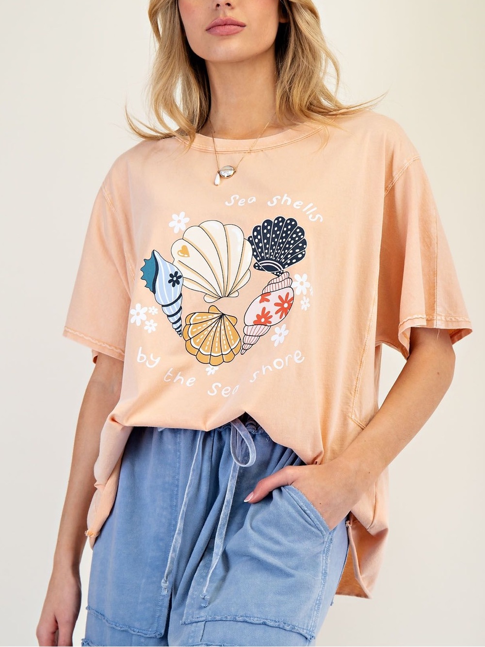 NWT EASEL Bohemian Peach Seashells Graphic T Tee Shirt Top S M L